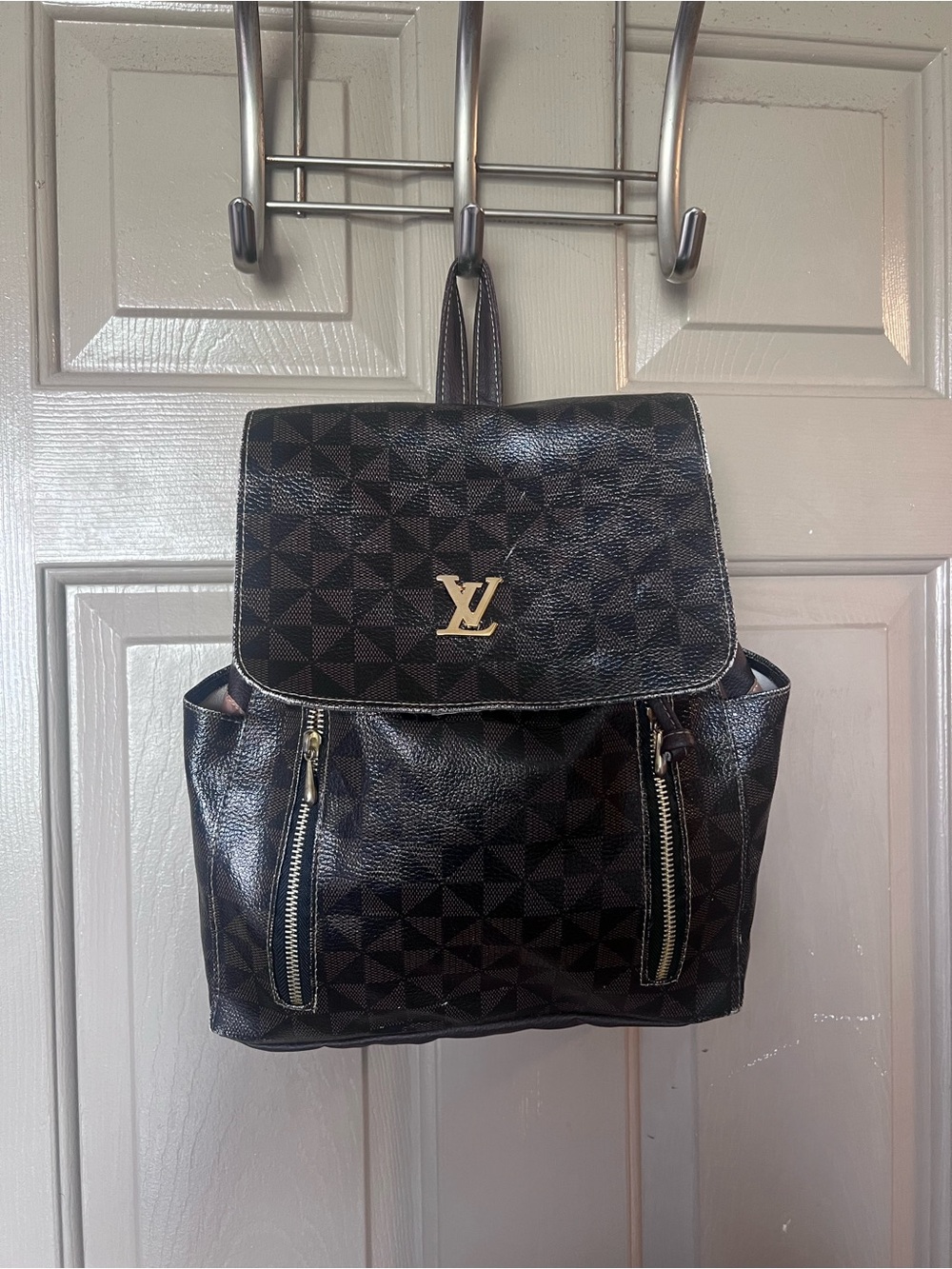 Brown Bag  Black Geometric Canvas Backpack with Gold LV Emblem